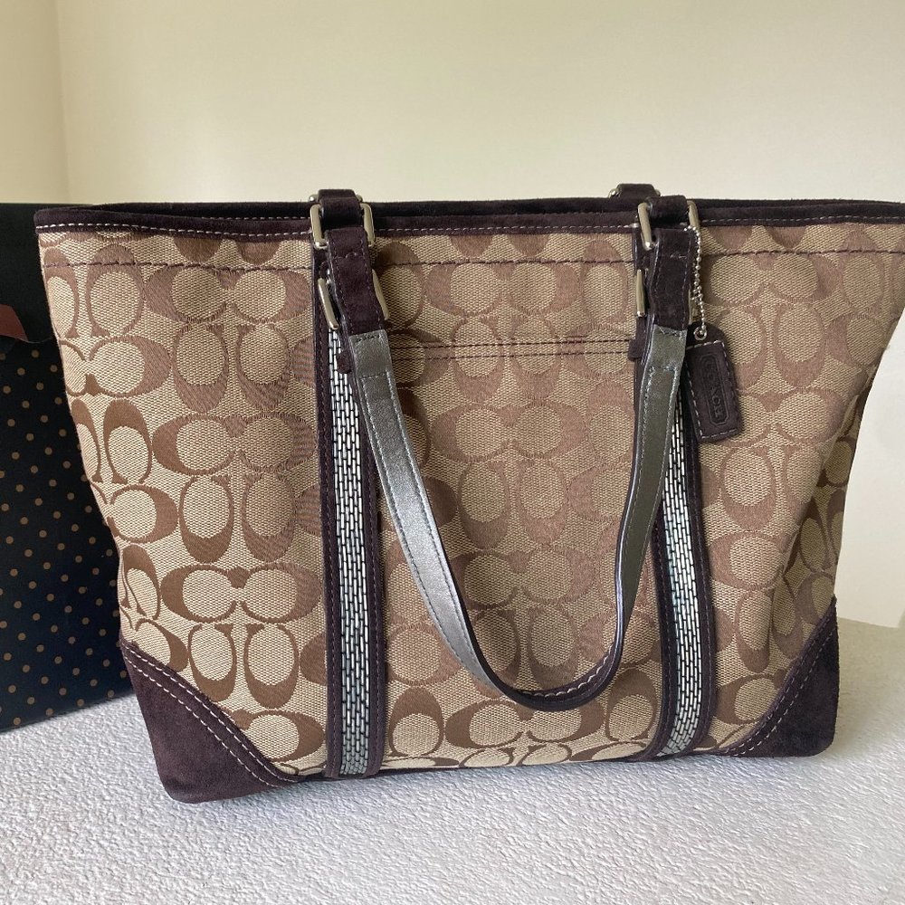 Large Brown and Tan Beaded Coach Tote